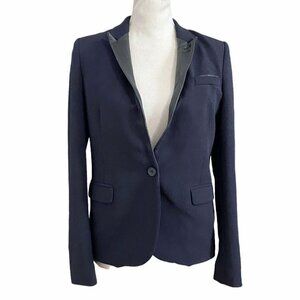 THE KOOPLES NAVY BLACK LEATHER COLLAR SINGLE BREASTED BLAZER - 4